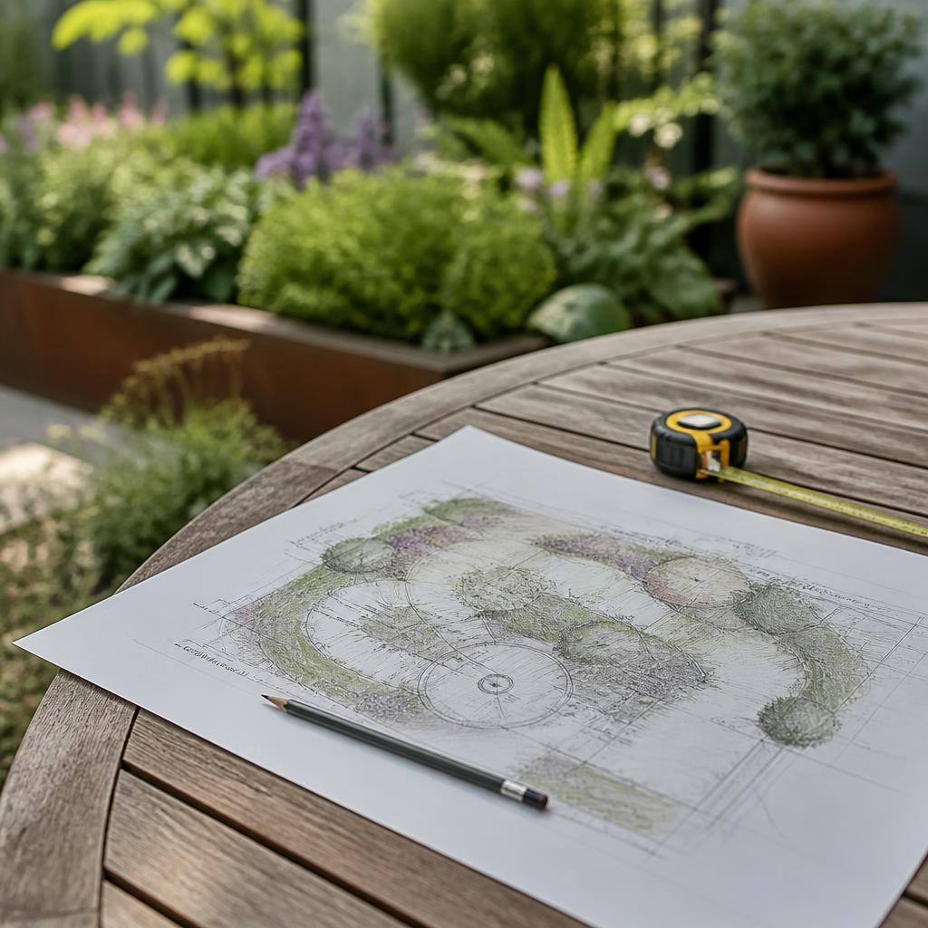 Tuinschets met rolmaat en pen op een houten tuintafel