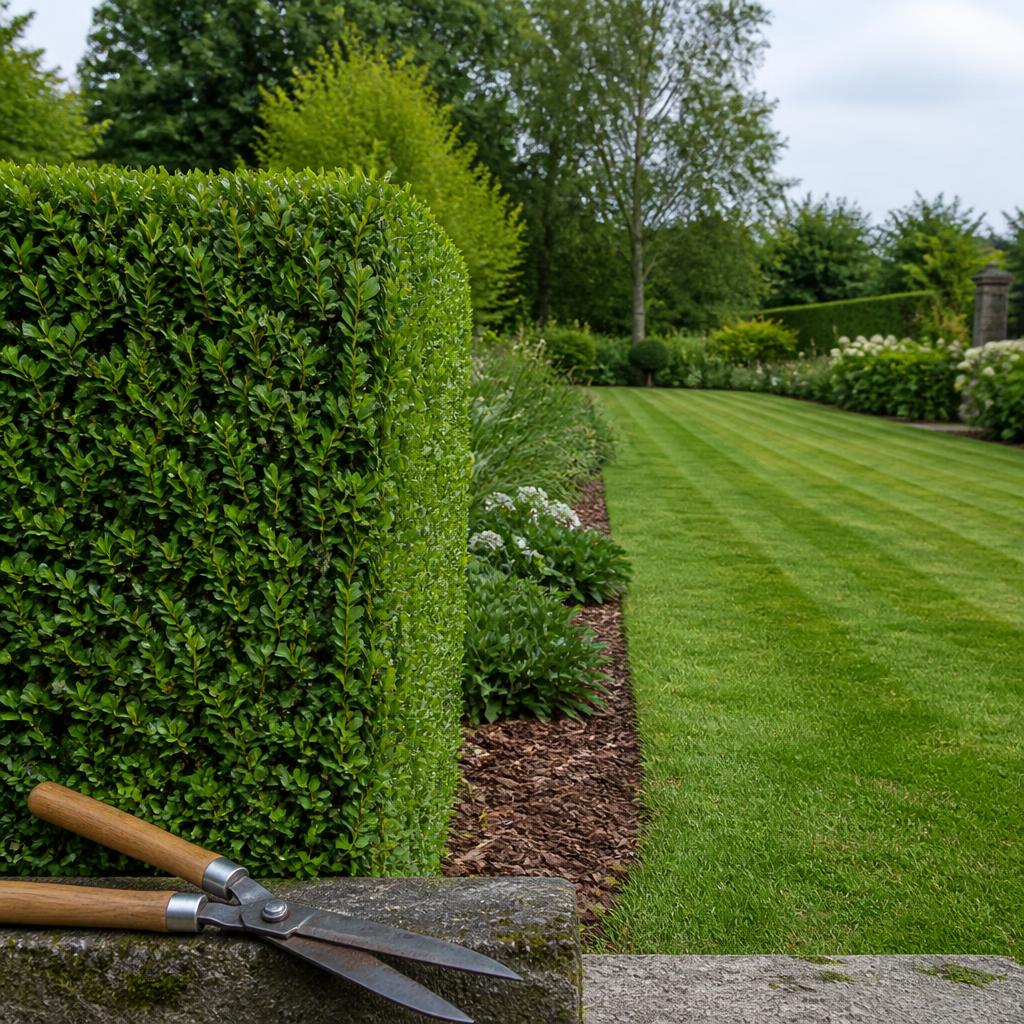 Verzorgde tuin met net gemaaid gazon