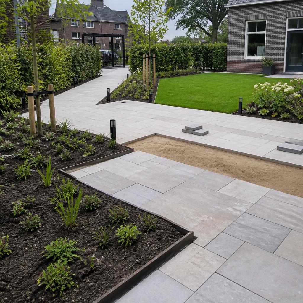 Verzorgde tuin met terras, beplanting en gazon