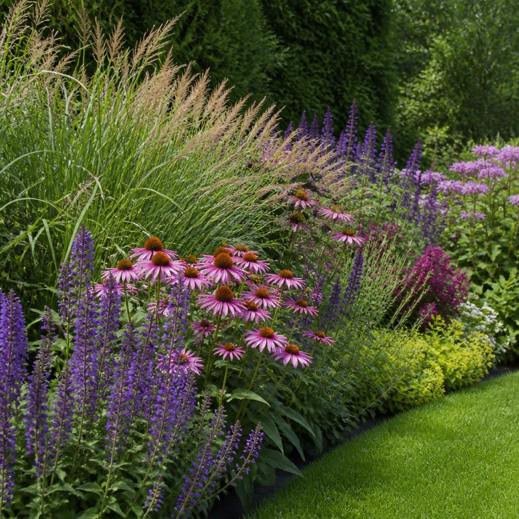 Weelderige border met salvia, echinacea en siergrassen langs een gazon