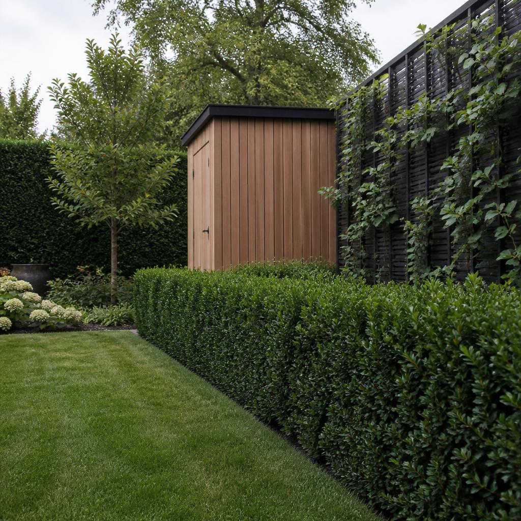 Gazon met geschoren haag, klimplanten en een moderne houten tuinberging