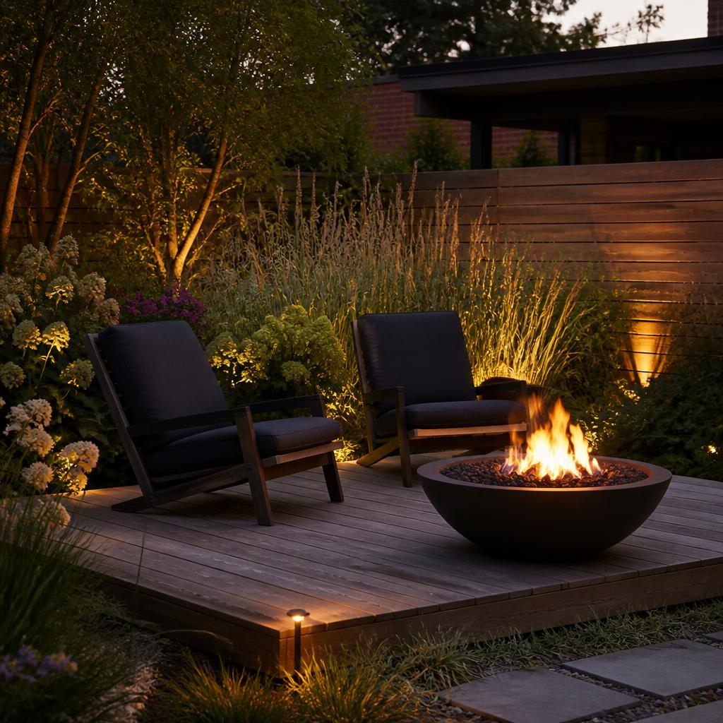 Tuinhoek met vuurschaal en twee loungestoelen tussen siergrassen in de schemering
