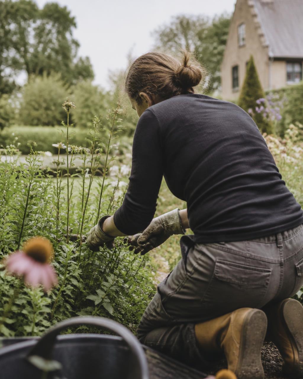 Hovenier aan het werk tussen de beplanting in een tuin