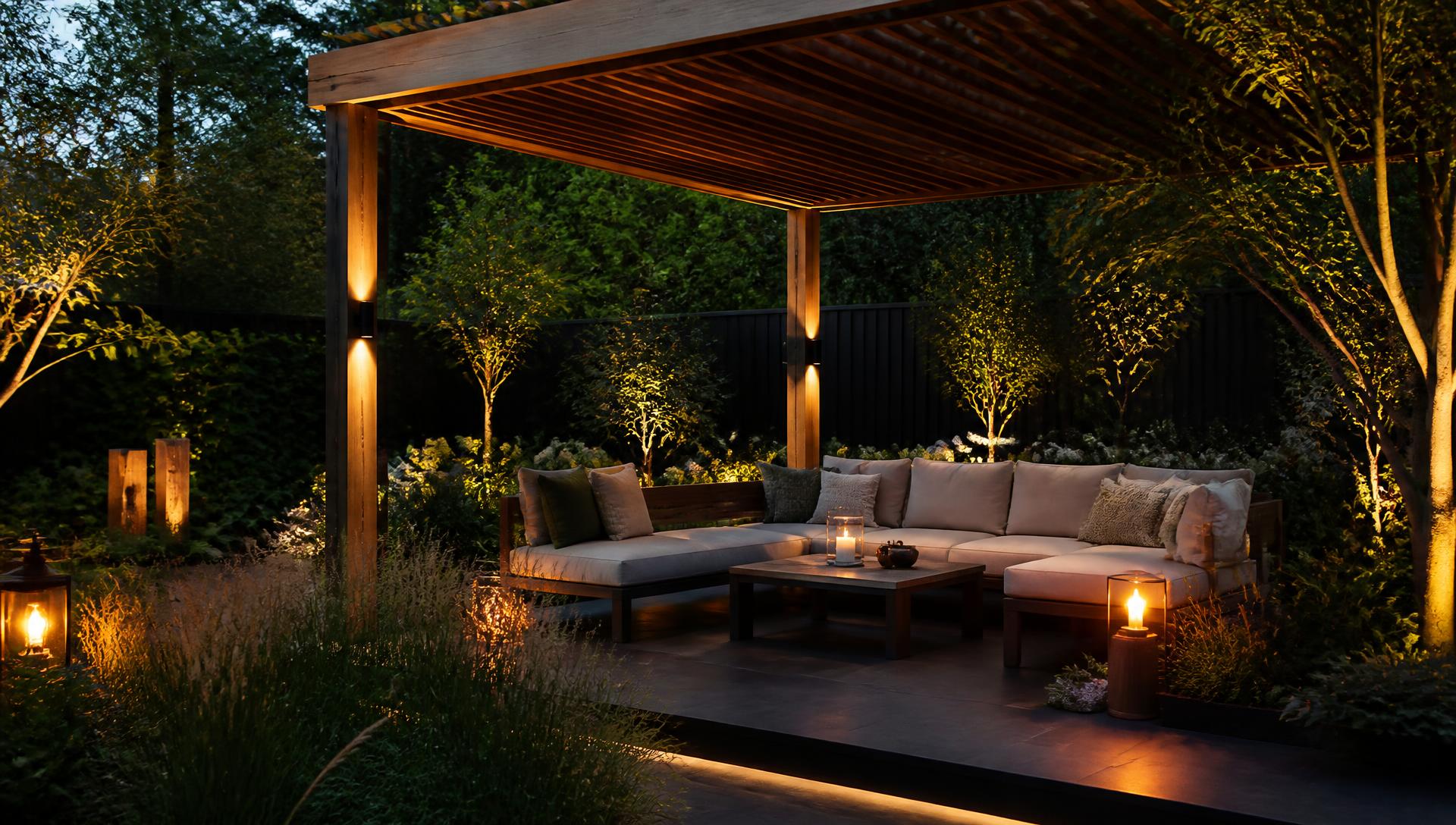 Tuinlounge onder een houten overkapping met sfeervolle verlichting in de avond